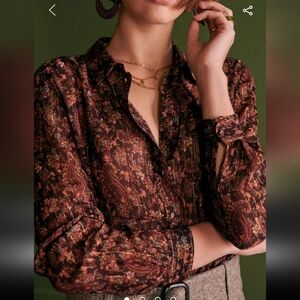 Sezane Floral Button Down Shirt - Burgundy and Gold